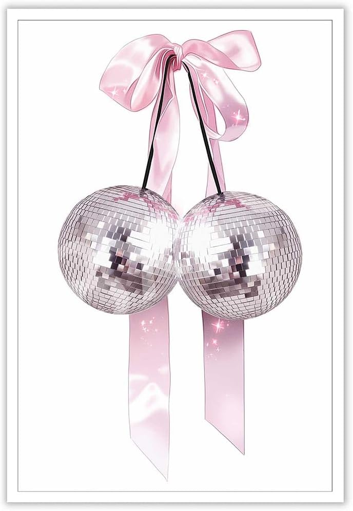 Generic 16x24in Trendy Pink Bow Disco Ball Posters White Cherry Canvas Wall Art Funky Coquette Bow Ribbon Preppy