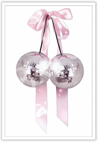 Generic 16x24in Trendy Pink Bow Disco Ball Posters White Cherry Canvas Wall Art Funky Coquette Bow Ribbon Preppy