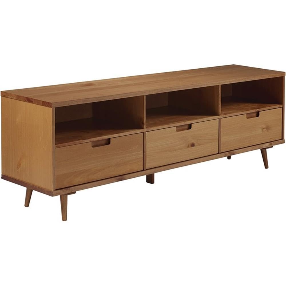 Walker Edison Millie Mid Century Modern 3 Drawer Solid Wood Low TV Stand for TVs up to 80 Inches 70 Inch Caramel