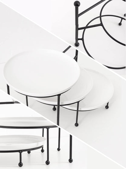 Kanwone 3 Tiered Serving Stand with White Porcelain Plates, 10" Round Tray, Dessert Table Display Set, Black Metal Stand, Versatile & Durable