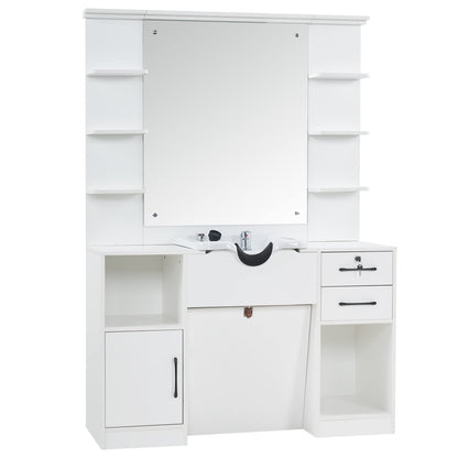 BarberPub Wall Mount Storage Station with Mirror Shampoo Bowl High-end Styling Beauty Salon Furniture Set 3145 (White)