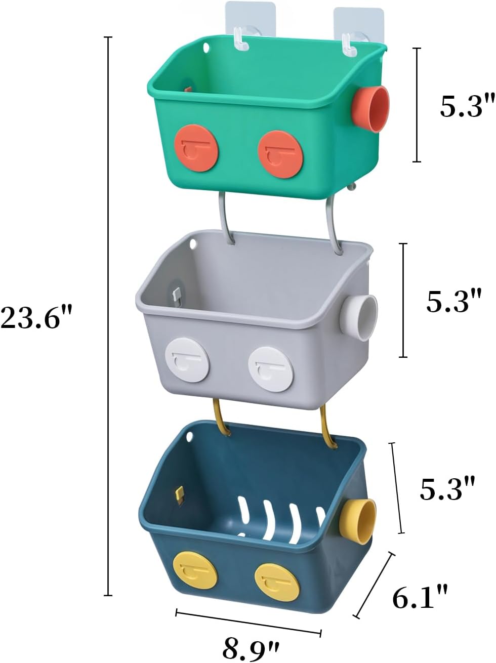 3 Bath Toy Storage Organizer Basket, Layers Colorful Robot Modeling Wall Mounted Kids Hanging Shower Caddy with Hooks