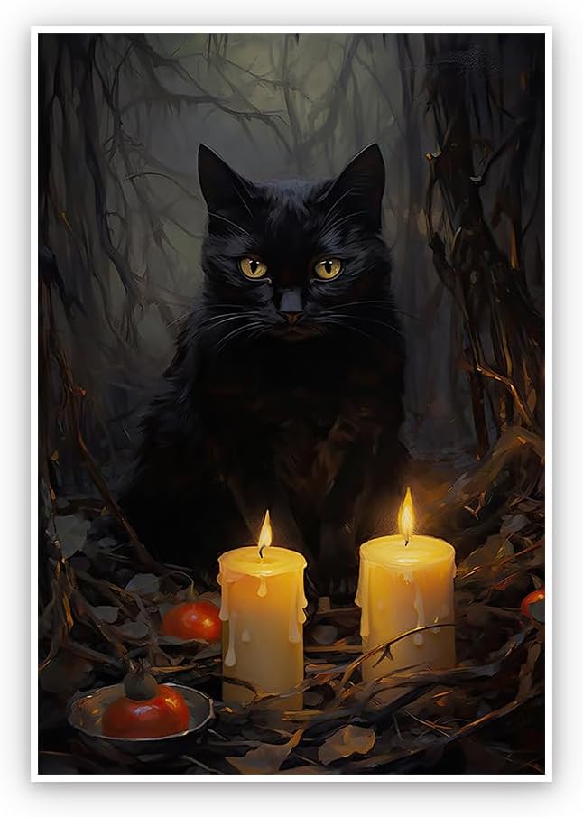 Kisappeared Vintage Gothic Wall Art Black Cat Candle Poster Halloween Artwork Print Canvas Victorian Style Dark