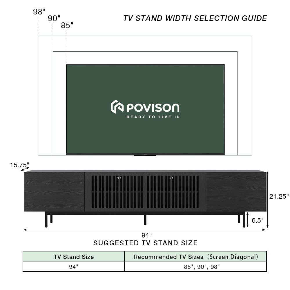 POVISON Full Assembled Mid-Century Modern TV Stand with Slatted Doors, Wood Media Console for 80 85+ Inch TV, TV Console with Tall-cast Metal Legs, Entertainment Center with Storage for Living Room