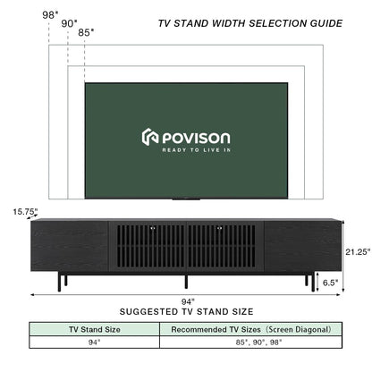 POVISON Full Assembled Mid-Century Modern TV Stand with Slatted Doors, Wood Media Console for 80 85+ Inch TV, TV Console with Tall-cast Metal Legs, Entertainment Center with Storage for Living Room