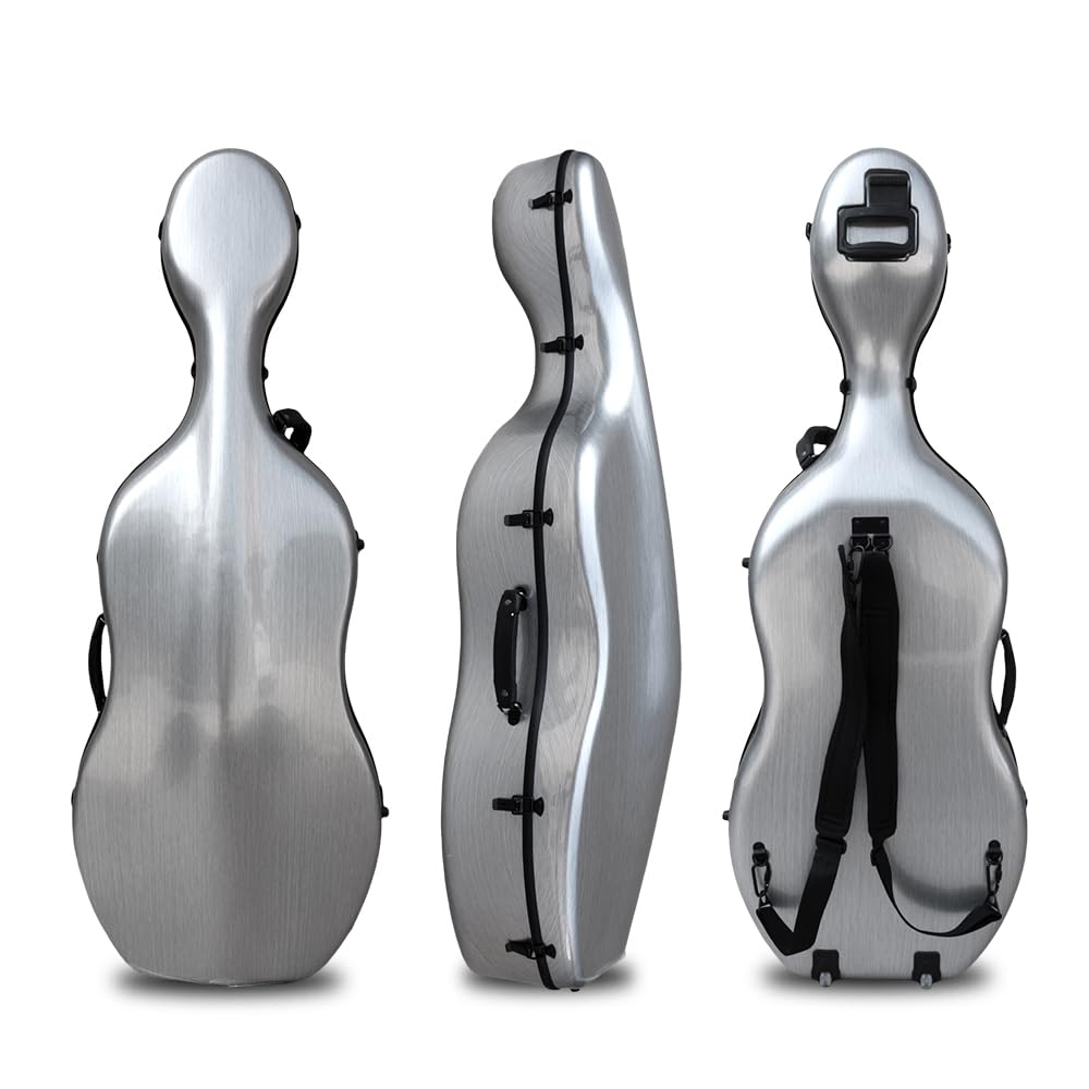 YoungMonic 4/4 Full Size Carbon Fiber Cello Case with Wheels & Embedded Handle Hard Shell Lightweight Backstrap Portable Cello Accessories (Silver)