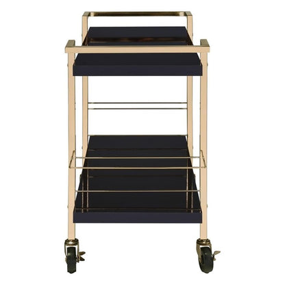 Pemberly Row Modern Serving Cart, Black Metal and Gold Frame, 32"W x 16"D x 30.5"H, 2-Tier Design, High-Sheen Laminate Surface, Locking Casters, Bottle Caddies, Bar and Cocktail Station for Parties
