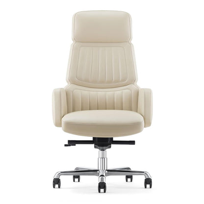 FURIJING Genuine Leather Office Desk Chair with High Back Aluminum Swivel Base Ergonomic Synchro-Tilt Reclining Mechanism Real Leather Executive Chair-Light Beige