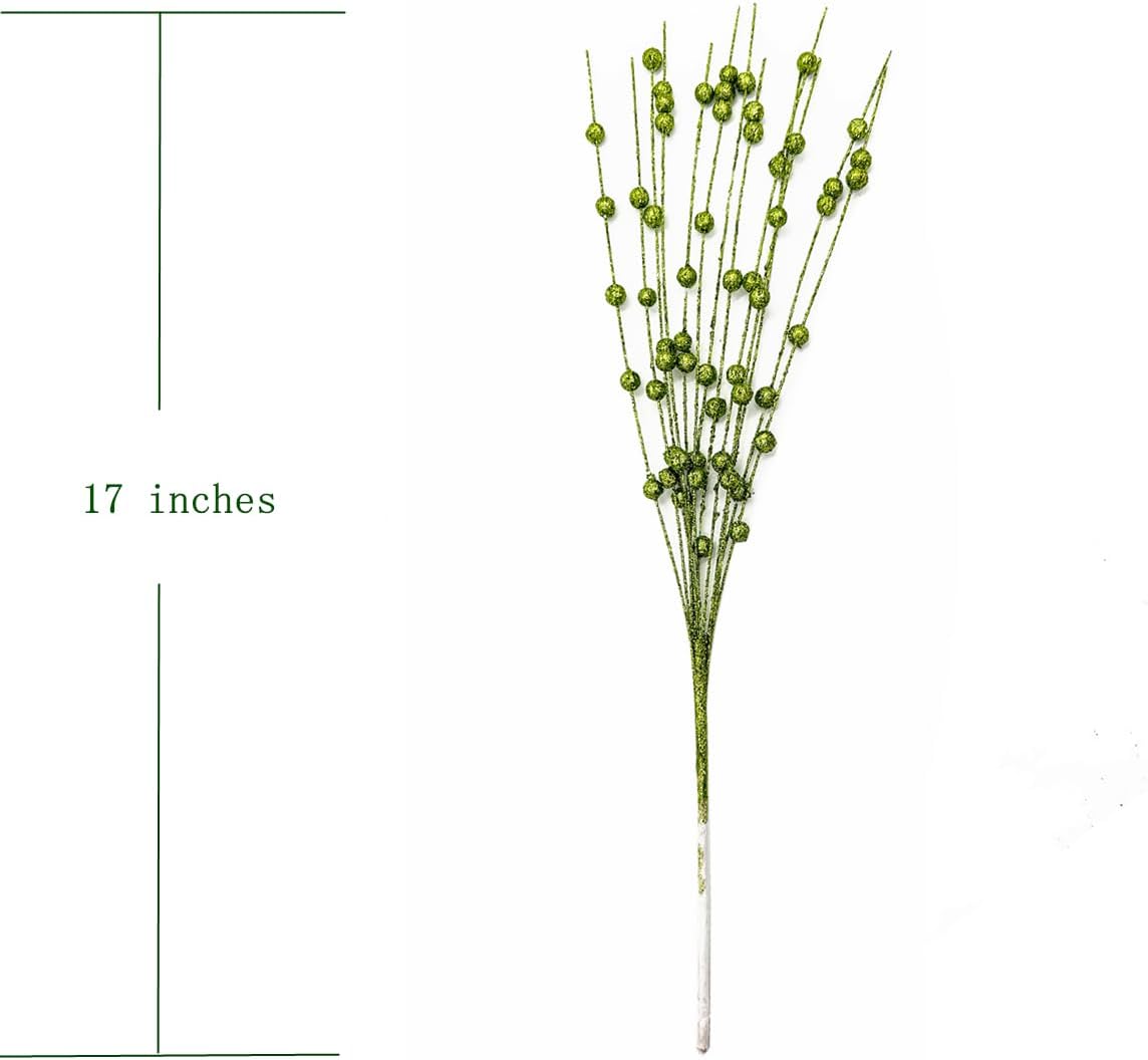 17 inches 10 Pack Artificial Glitter Berry Stem Ornaments, Fake Christmas Picks Decorative Glitter Bead Sticks