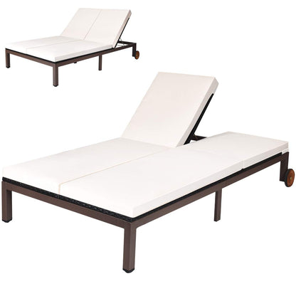 Tangkula 2-Person Patio Lounge Chair, Outdoor Rattan Double Wicker Daybed Chaise with Adjustable Backrest Wheels & Cushion, Loveseat Sofa for Garden Lawn Backyard (Cream)