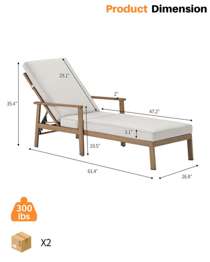 SEEHILL 2-Pack Teak Chaise Lounge Chairs, Never Rust Aluminum Outdoor Pool Lounge Chair Set with Gray Cushions, 6-Position Adjustable Patio Loungers, Outdoor Lounge Chairs for Poolside, Beach, Yard