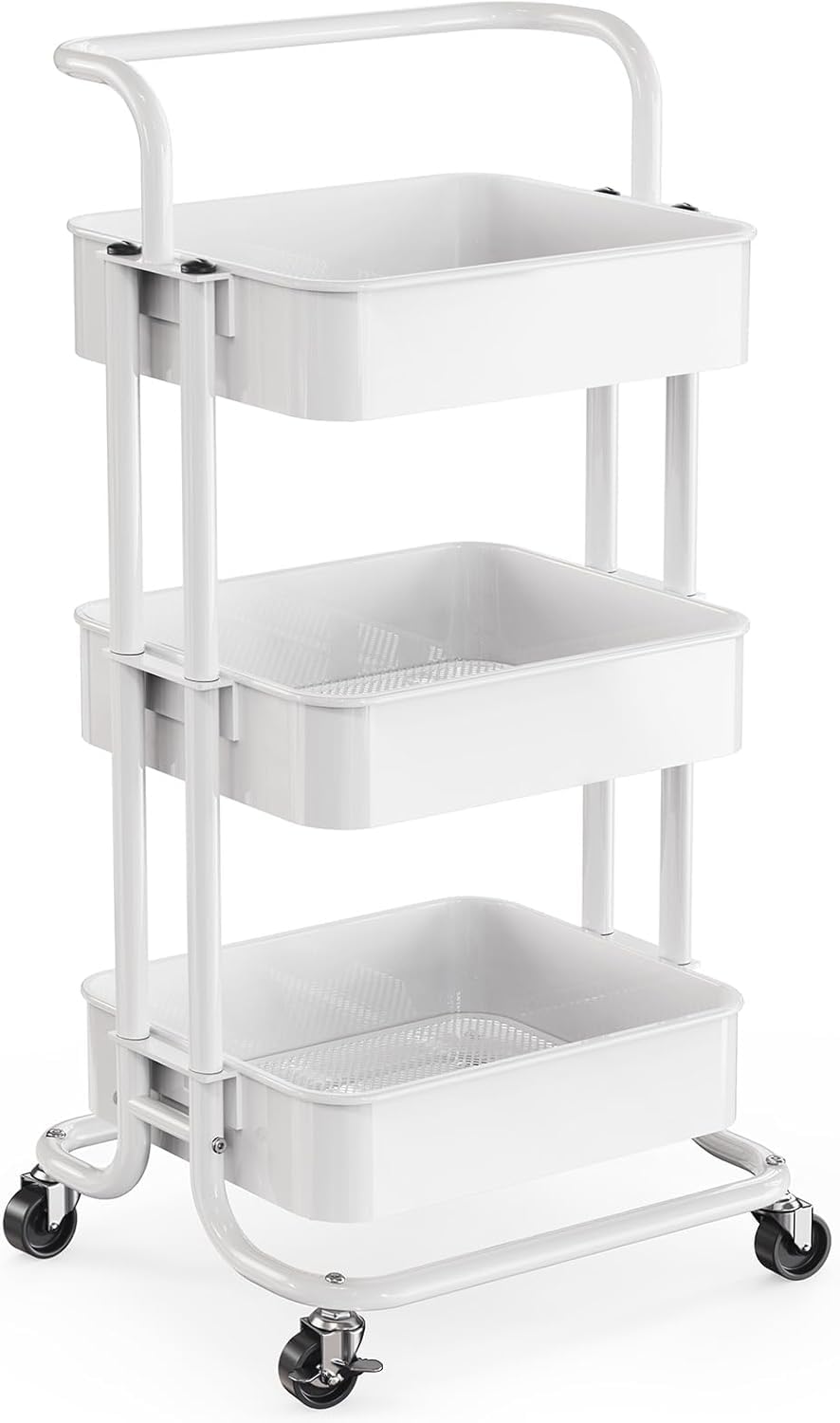 Pipishell 3 Tier Rolling Cart, Metal Utility Cart with Wheels and Handle, Rolling Storage Cart for Nursery Room, Living Room, Painting Room, Office and Kitchen, White