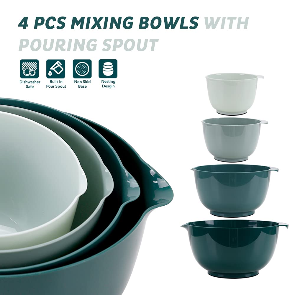 BoxedHome Green Ombre Nesting Plastic Mixing Bowl Set With Pour Spout, Microwave and Dishwasher Safe, BPA free Non-Slip Base, Set of 4 Size 1.7, 2.5, 3.5 and 4.5qt, Great for Prepping, Baking, Cooking