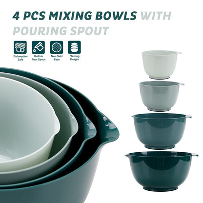 BoxedHome Green Ombre Nesting Plastic Mixing Bowl Set With Pour Spout, Microwave and Dishwasher Safe, BPA free Non-Slip Base, Set of 4 Size 1.7, 2.5, 3.5 and 4.5qt, Great for Prepping, Baking, Cooking