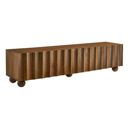 Modway Sorren 71 Inch Scalloped TV Stand in Walnut – 4 Door Media Console Cabinet – Modern Storage TV Stand with Doors