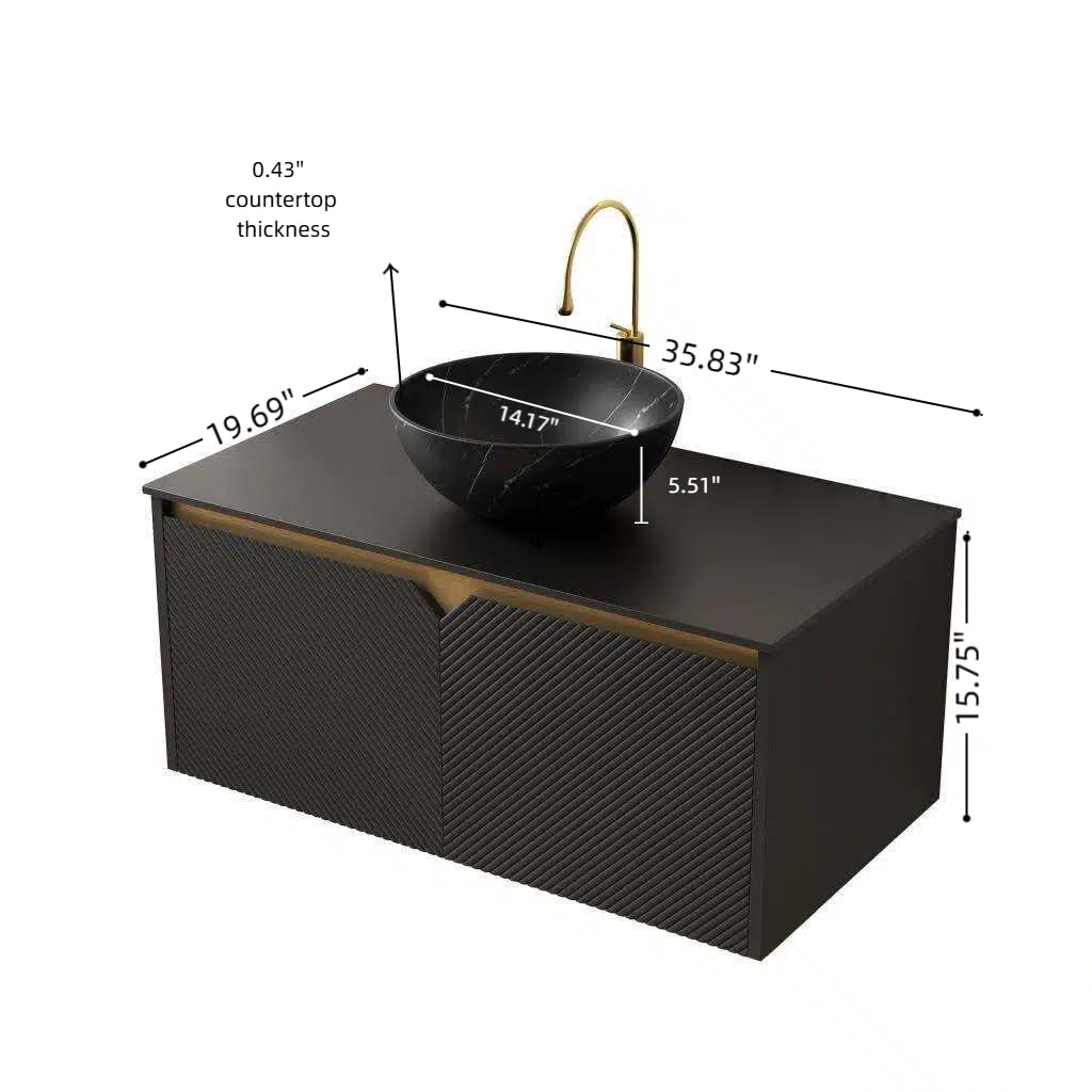 36" Floating Bathroom Vanity with Vessel Sink, RUBEN Wall Mounted Plywood Cabinet, Sintered Stone Countertop, Twill Double Doors with Metal Trim, Modern Storage Unit, Bowl Black Stone Ceramic Basin
