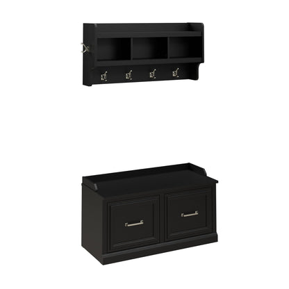 Bush Home Woodland 40W Shoe Storage Bench with Doors and Wall Mounted Coat Rack in Black Suede Oak | Foyer, Mudroom, Entryway Organizer