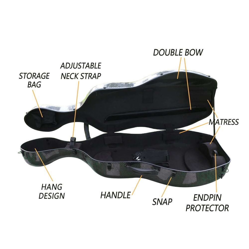 4/4 Full Size Cello Case Hard Mixed Carbon Fiber Strong & Ultralight Cello Box ca. 4.0 kg with Strong Handle & 2 Bow Holders & Back Straps & Wheels (Black)