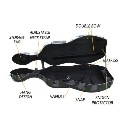 4/4 Full Size Cello Case Hard Mixed Carbon Fiber Strong & Ultralight Cello Box ca. 4.0 kg with Strong Handle & 2 Bow Holders & Back Straps & Wheels (Black)
