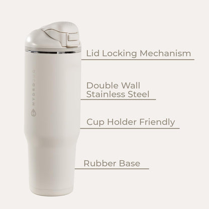 HydroJug Ease2o Water Bottle with Straw & Chug Lid, Stainless Steel, Vented Cap to Help Reduce Pressure, Water-Level Window, Cup Holder Friendly, Non-Slip Base – 32oz, Linen