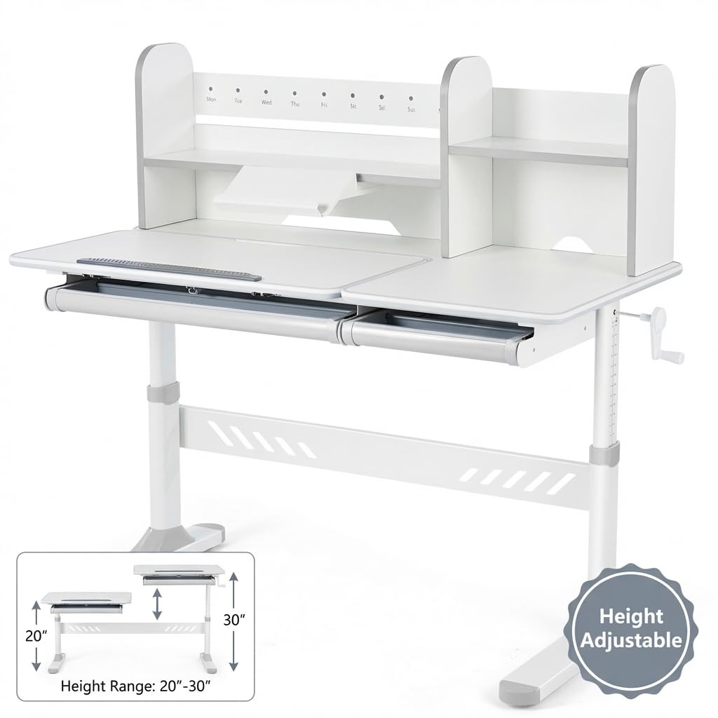 JOYLDIAS Ergonomic Kids Desk with Hutch, 47" Wide Height Adjustable Study Table for Home School, Anti-Hunchback Tilting Desktop for Reading & Drawing, Durable Student Learning Center for Boys & Girls