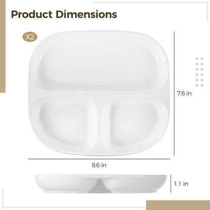 OMISTAR 2 Pcs Ceramic Plates for Kids, 8.5" Divided Plates for Adults, Portion Control Plate, White Ceramic Plate for Balanced Meals, Diabetes and Weight Loss Diet