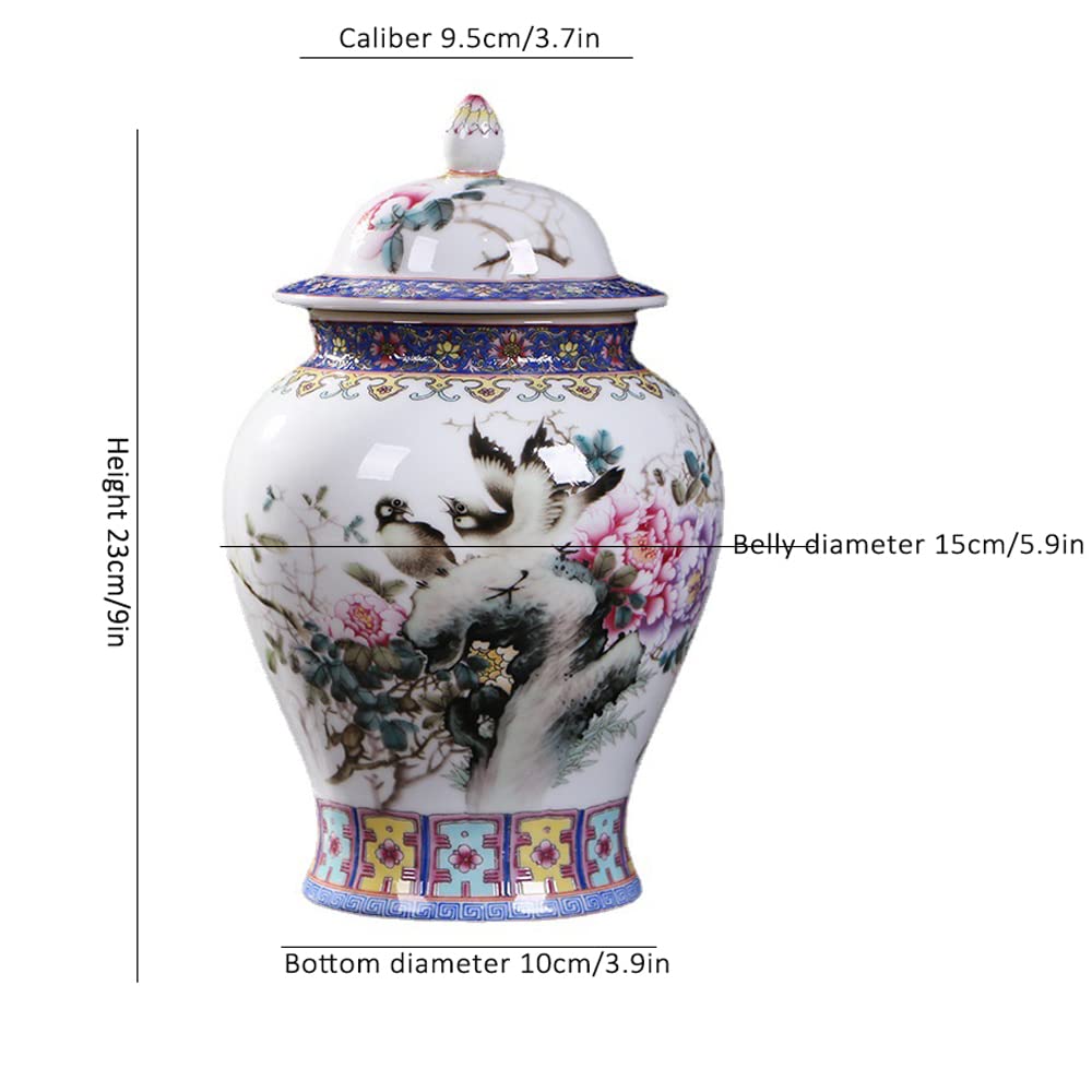 Ceramic Jar with Lid for Home Decor Traditional Chinese Flowers and Birdstemple Handcrafted Porcelain Vase (a) (a One Size)