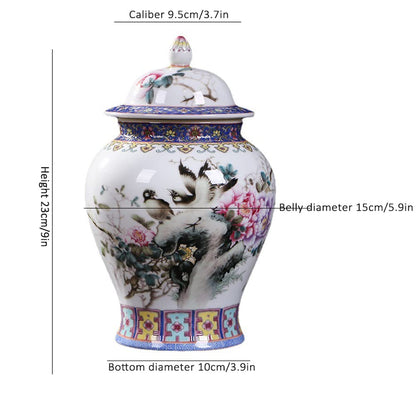 Ceramic Jar with Lid for Home Decor Traditional Chinese Flowers and Birdstemple Handcrafted Porcelain Vase (a) (a One Size)