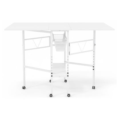 Sew Ready Folding Sewing Craft Table with Storage, Adjustable Height Cutting Desk with Drawers and Wheels for Quilting, Fabric, and Hobby Room, White