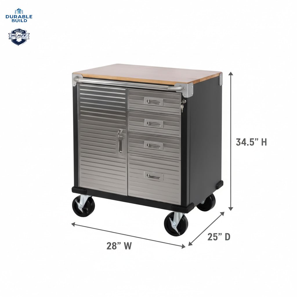 Rolling Tool Cabinet with Solid Wood Top, Heavy Duty Metal Storage Cart with 4 Drawers & Lockable Tambour Door, Mobile Utility Workbench on Wheels for Garage, Workshop, Office (Graphite Black)