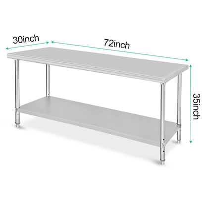Garvee 72 x 30 Inches Stainless Steel Table, NSF Metal Prep Table with Adjustable Under Shelf and Wheels, Commercial Heavy Duty Worktable for Kitchen Restaurant Home Hotel