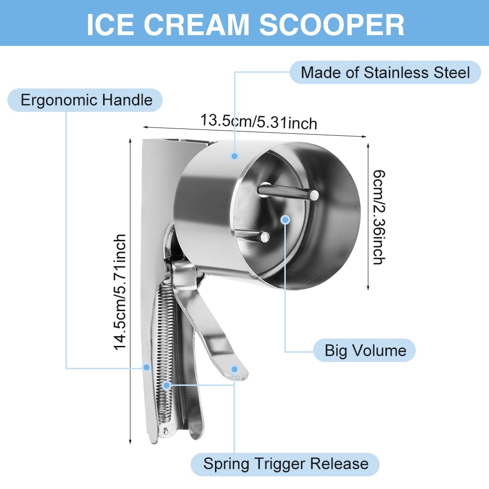 Stainless Steel Ice Cream Scooper with Trigger Release - Big Volume, Old Fashion Style, Nostalgic Scoop for Mashed Potatoes - Non Stick