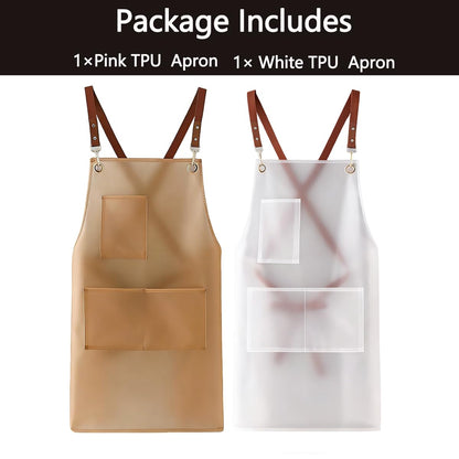 FunFlare 2 Pack Waterproof Translucent Apron with Large Pockets,Cross Back Apron Cooking Apron for Dishwashing, Cleaning Fish, Gardening, Lab Work, Butcher and Dog Grooming(White&Brown)