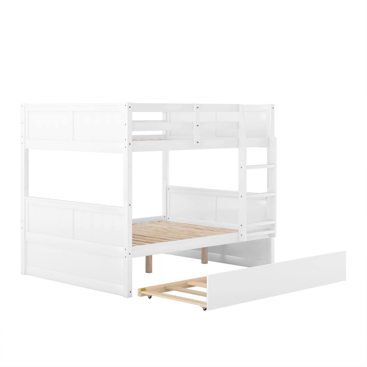 Full Over Full Bunk Bed with Trundle, Wooden Trundle Bed Frame with Ladder Safety Guardrail, Convertible to 2 Platform Beds for Kids Teens, White