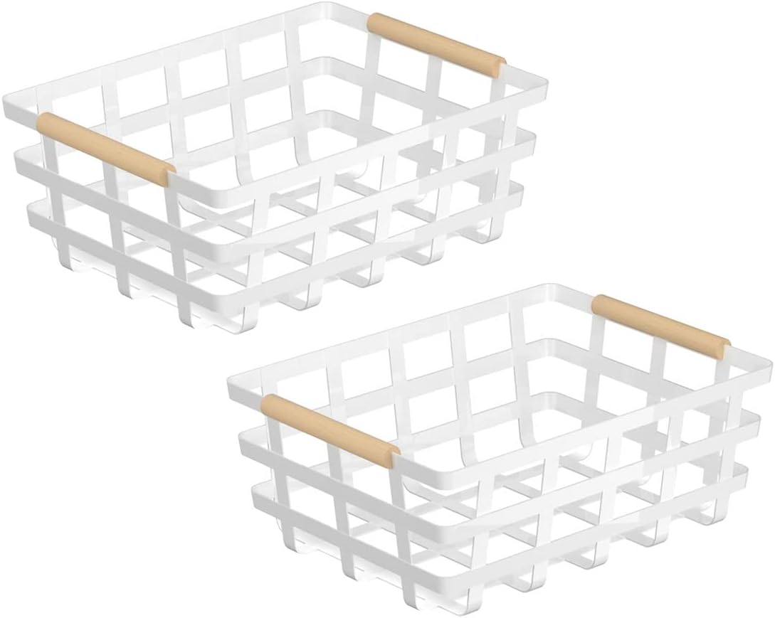Farmhouse Wire Storage Baskets, Pantry Organizer Baskets with Wood Handle, Metal Bins for Kitchen Pantry (2 Pack)
