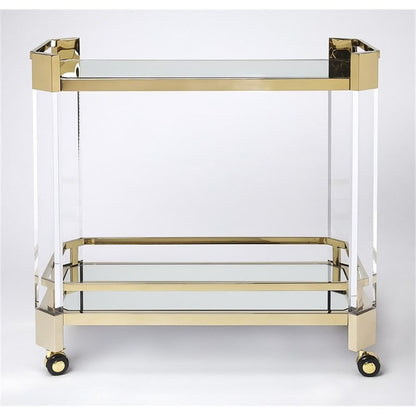 Beaumont Lane Acrylic Serving Cart, 32"W x 17"D x 31.5"H, Clear Glass and Mirror Glass Shelves, High Polished Gold Stainless Steel Frame, Modern Design with Casters for Bar, Kitchen, or Dining Room