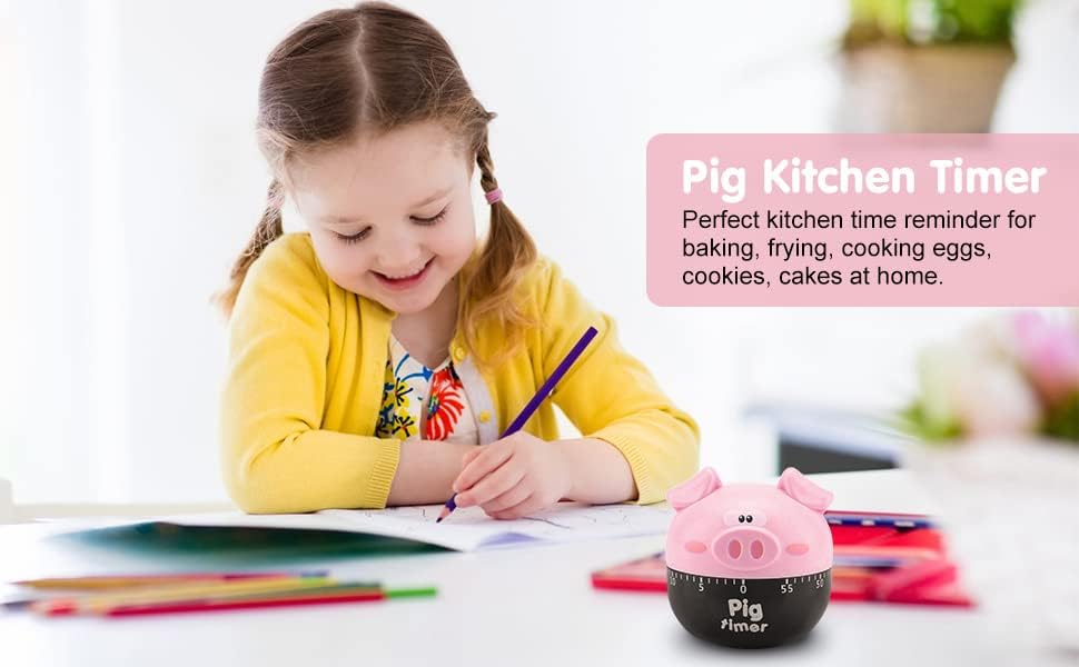 Cute Cartoon Pig Kitchen Timer, 0-55 Minute Wind Up Dial, Loud Alarm Timer, Mechanical Cooking Timing Tool (Pink)