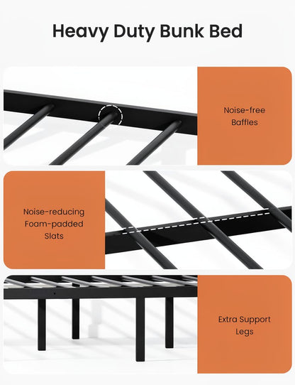 Mixcous Twin XL Over Queen Bunk Bed for Adults, Heavy Duty Metal Bunk Beds with Safety Guardrails & EVA Padded Ladder, Twin XL Over Queen Bunk Beds Frame with Noise-Free Slats, Space-Saving(Black)