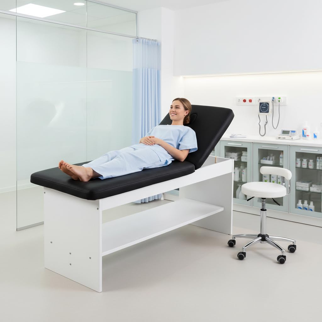 Carenovo Oak Wooden Medical Examination Table Non-Folding Professional Treatment Couch for Physiotherapy, Chiropractic & Clinic Use (Black, White)