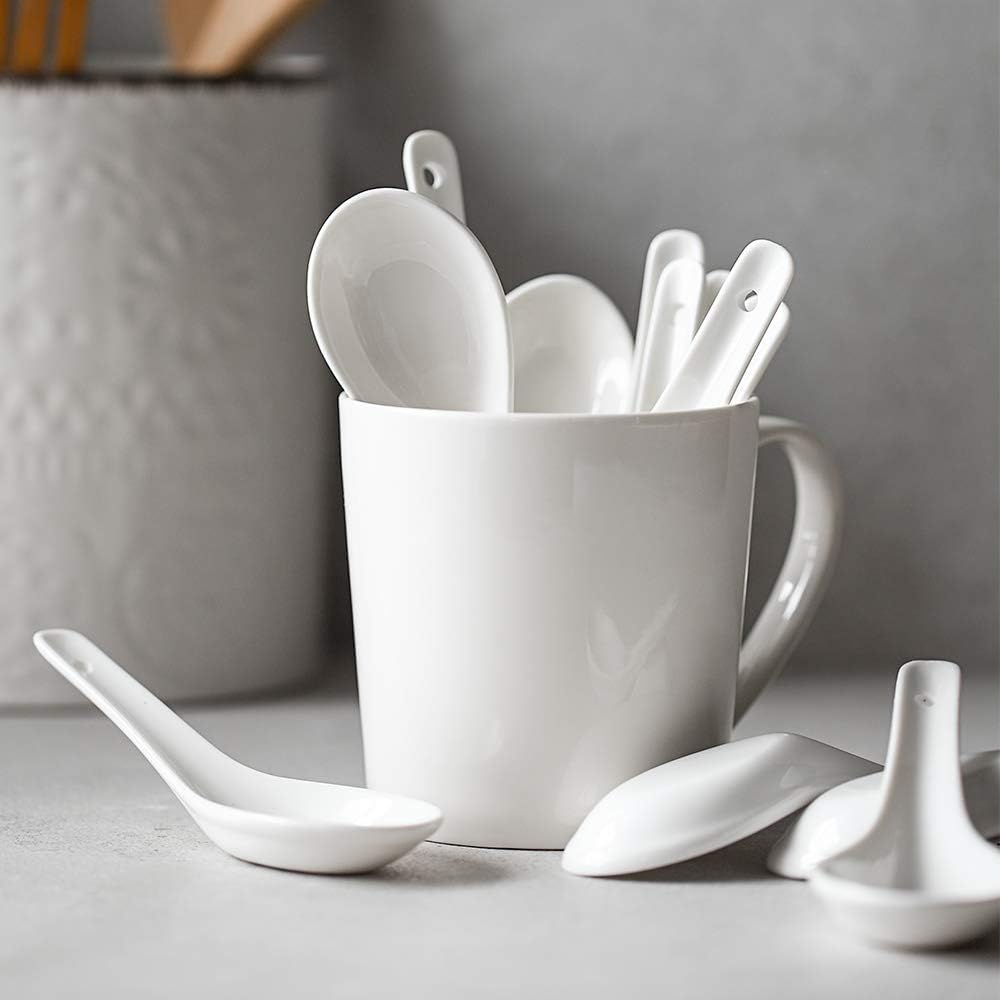 DOWAN Asian Soup Spoons - Set of 12, 5.3 Inch White Ceramic Dessert Spoons for Pho, Miso, Ramen