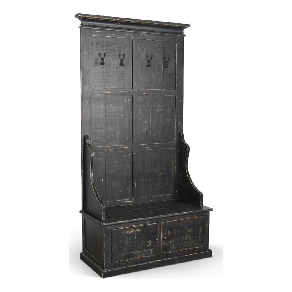 Pemberly Row Modern Hall Tree, Mahogany Wood, Black Sand Finish, Crown Molding Accents, 4 Double Prong Hooks, 2 Storage Cubbies, Rustic Style Entryway Organizer with Seat