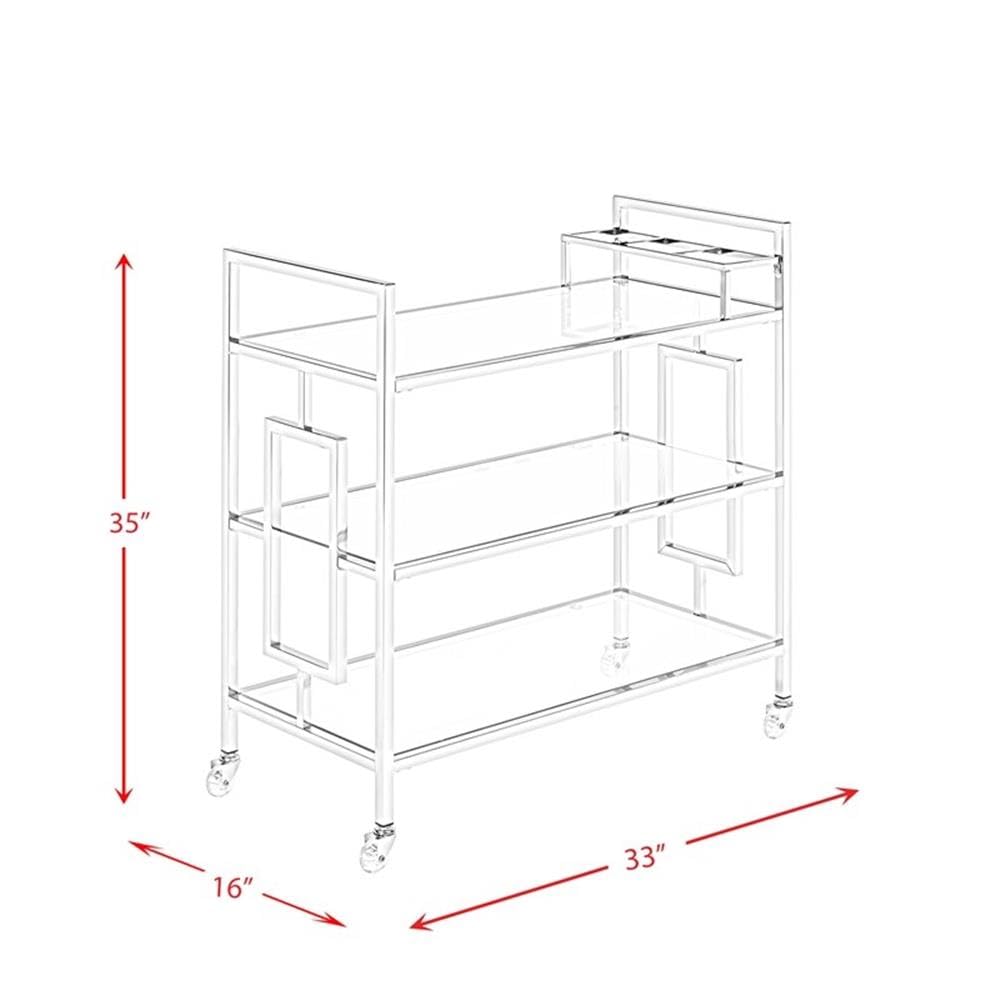 BOWERY HILL Contemporary Bar Cart, Clear Tempered Glass Shelves, 35" H x 33" W x 16" D, Chrome Finish, Modern Glam Design with Casters, Rectangular Serving Cart for Living or Dining Room Use