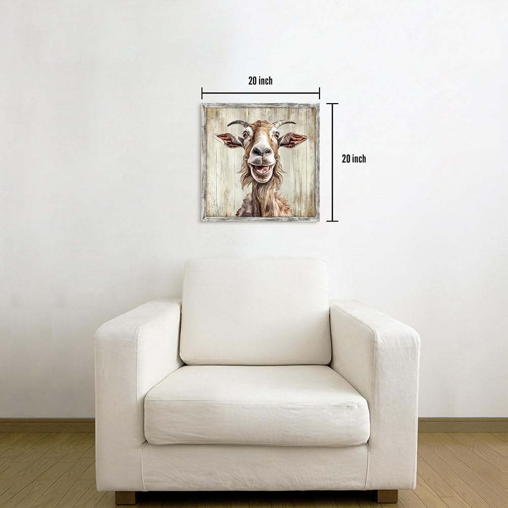20 20 Inch Farmhouse Goat Wall Art Framed: Animal Portrait Print Decor Rustic Wood Nursery Painting Picture Funny Farm