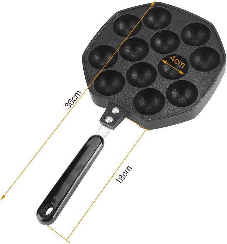 Junluck Non-Stick Pancake Pan, 12 Cavities Aluminum Baking with Plastic Handle, Grill Pan Plate for Takoyaki