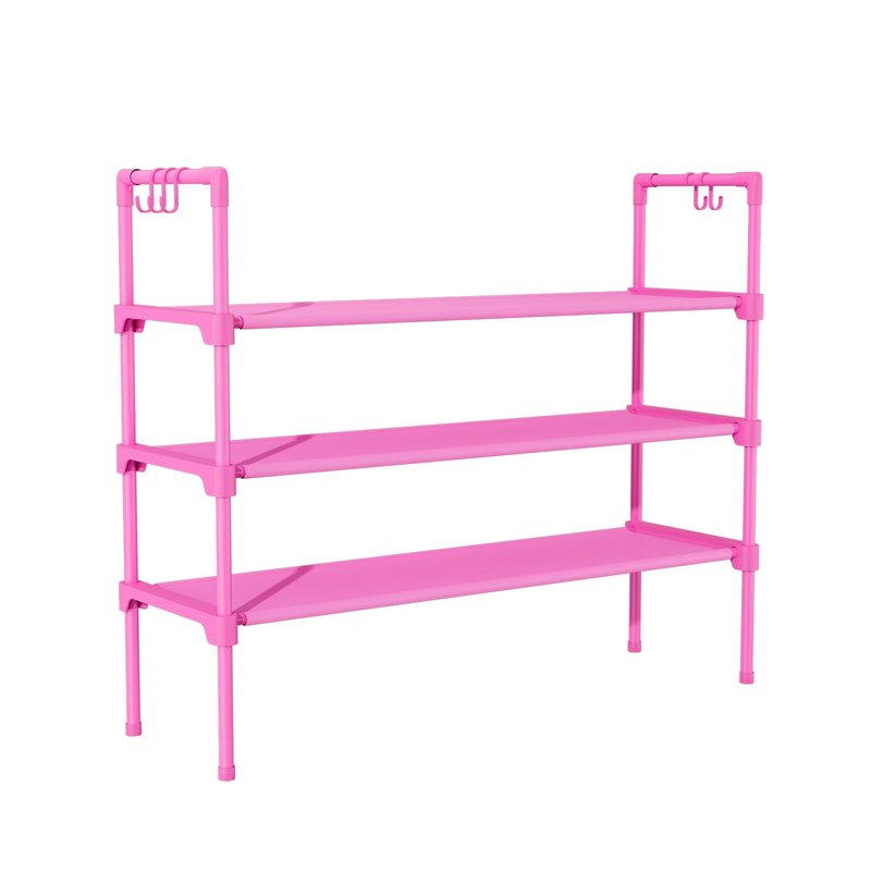 LANTEFUL 3 Tier Shoe Rack for Closet, Shoe Organizer with 5 Hooks, Long Shoe Shelf Storage for Shoe and Boot Stackable Free Standing Shoe Rack for Entryway, Garage, Small Spaces, Dorm, Pink