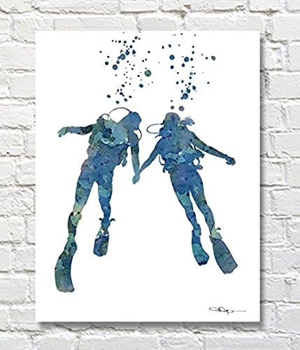 Scuba Divers Abstract Watercolor Art Print - By Artist David J Rogers