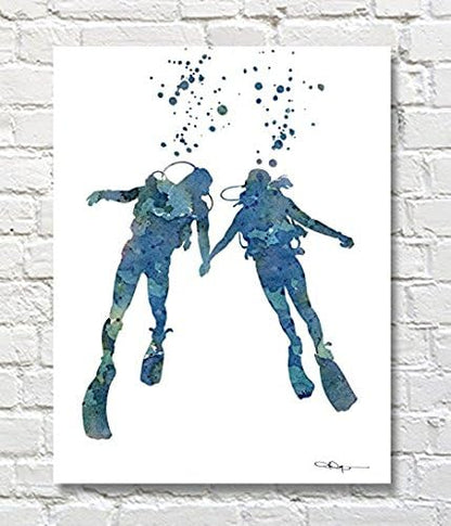 Scuba Divers Abstract Watercolor Art Print - By Artist David J Rogers