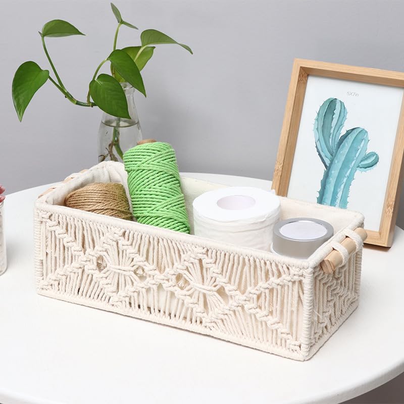 Macrame Storage Baskets, Handmade Woven Decorative Box for Organizing Countertop and Shelf