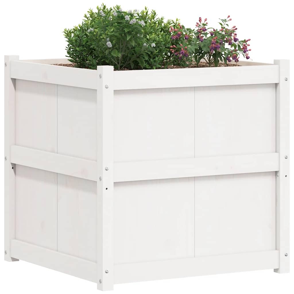 Foknhdi Square 27.6" White Large Planter Box Solid Pine Wood Plant Pot Raised Garden Bed for Outdoor Flowers Herbs Patio Balcony Garden