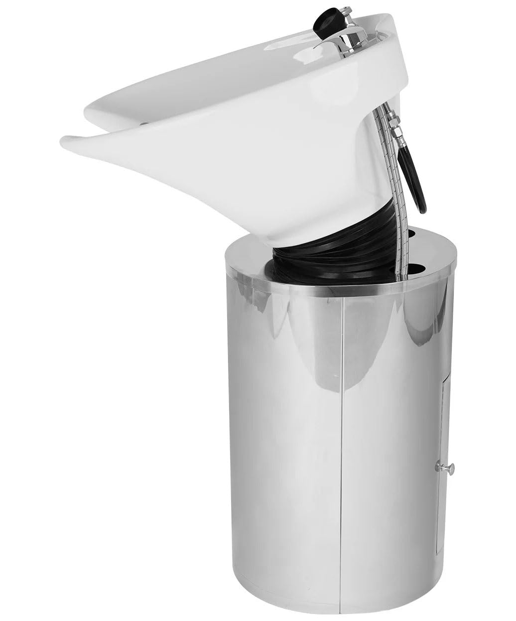 Buy-Rite Paris Pedestal Shampoo Unit with stainless steel base, white tilting porcelain bowl, faucet, spray hose, drain, and vacuum breaker – durable professional salon equipment.